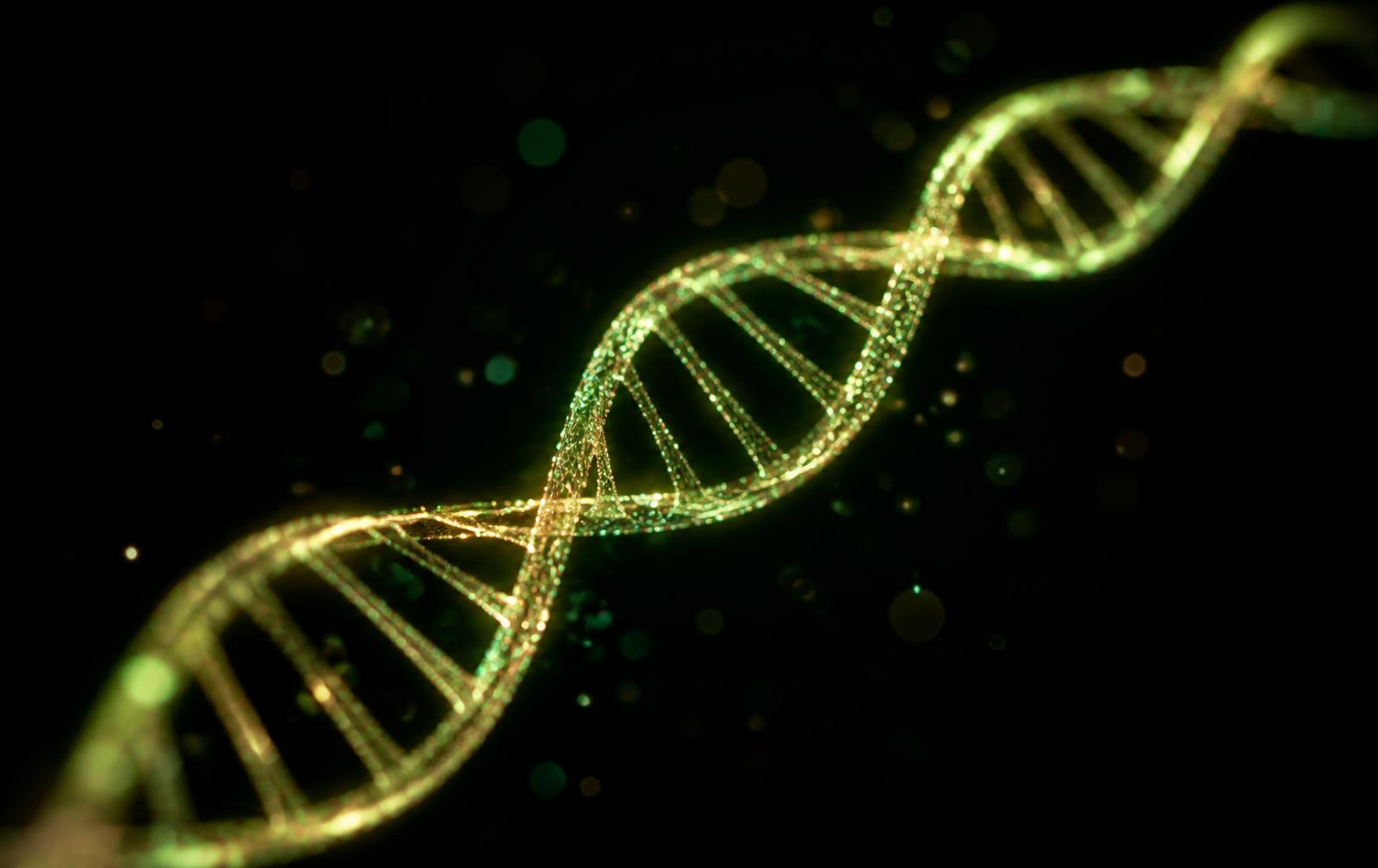Hélice de DNA em verde e dourado representando peptídeos de pesquisa