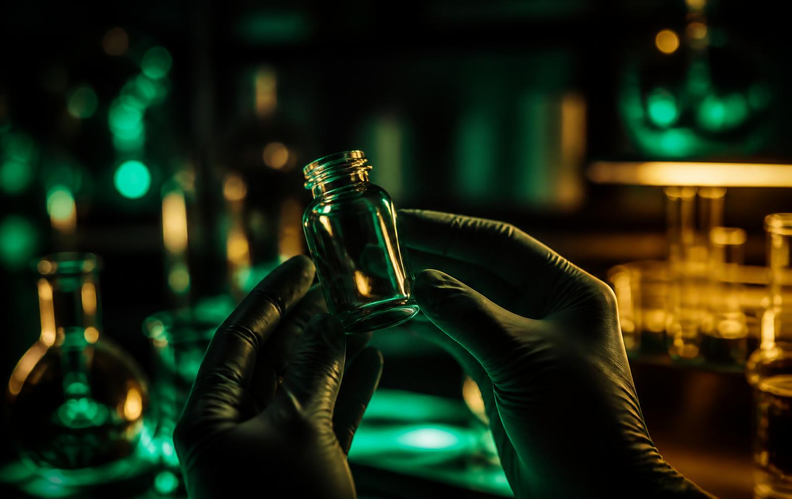 Laboratório verificando frascos de peptídeos